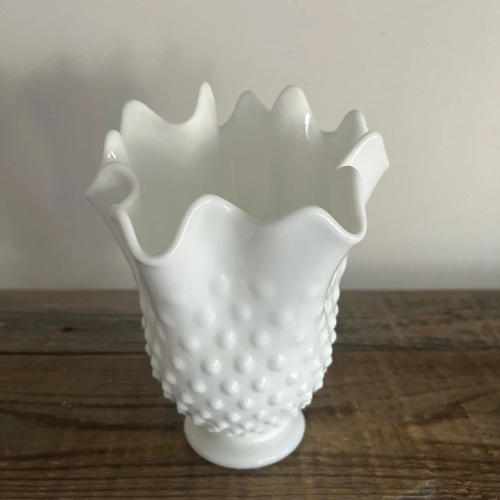 Vintage Fenton Milk Glass Hobnail Handkerchief  Vase